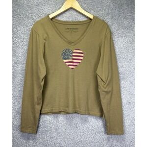 Life is Good Crusher T Shirt Womens Patriotic USA Flag Heart Long Sleeve Green L